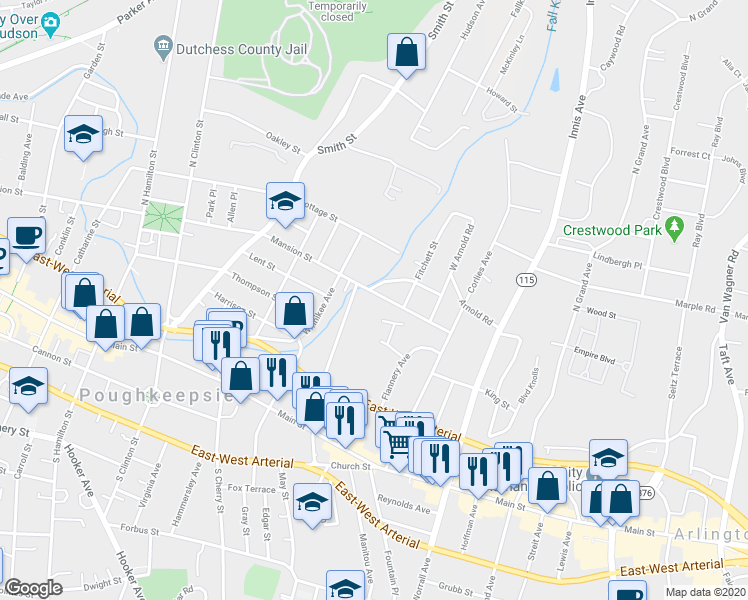 map of restaurants, bars, coffee shops, grocery stores, and more near 362 Mansion Street in Poughkeepsie