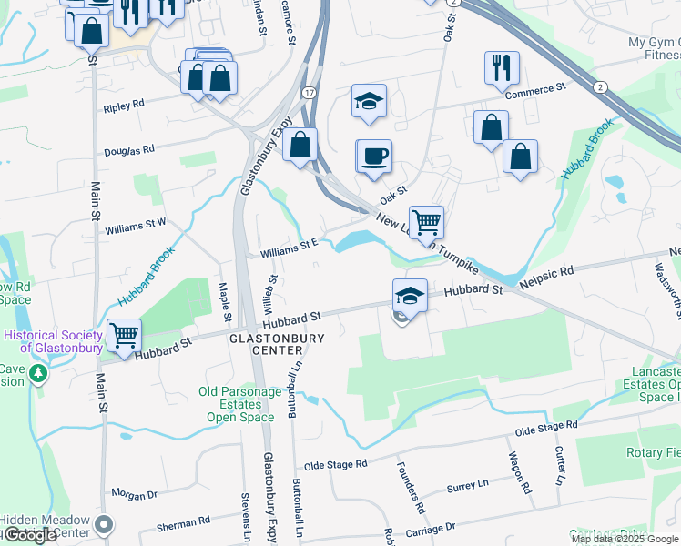 map of restaurants, bars, coffee shops, grocery stores, and more near 257 Hubbard Street in Glastonbury