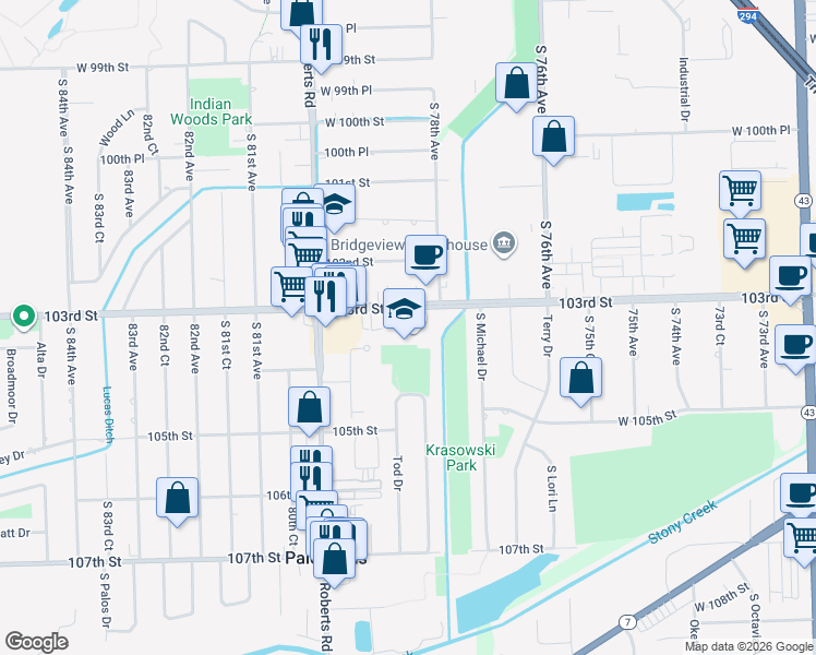 map of restaurants, bars, coffee shops, grocery stores, and more near 7845 West 103rd Street in Palos Hills