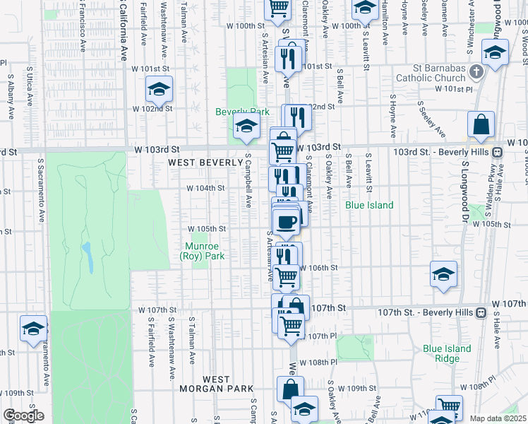 map of restaurants, bars, coffee shops, grocery stores, and more near 10455 South Artesian Avenue in Chicago
