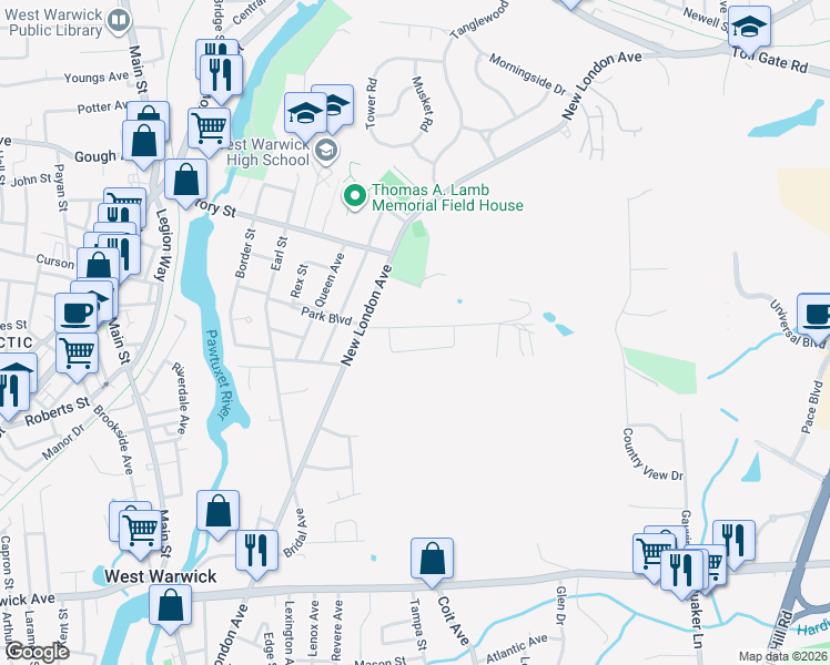 map of restaurants, bars, coffee shops, grocery stores, and more near 44 Sophia Drive in Warwick