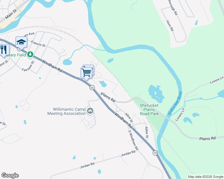 map of restaurants, bars, coffee shops, grocery stores, and more near 388 Plains Road in Windham