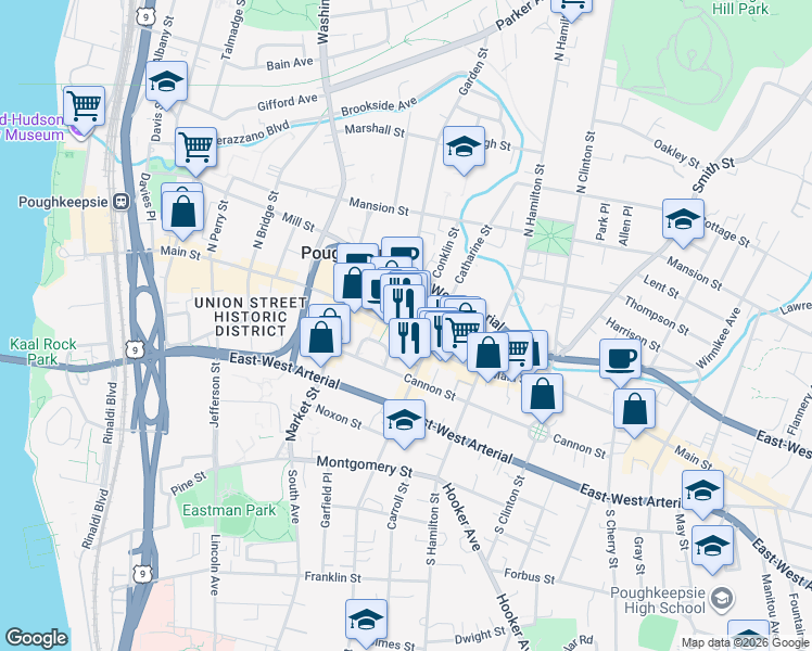 map of restaurants, bars, coffee shops, grocery stores, and more near 315 Main Street in Poughkeepsie