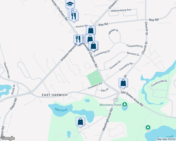 map of restaurants, bars, coffee shops, grocery stores, and more near 15 Johannas Path in Harwich