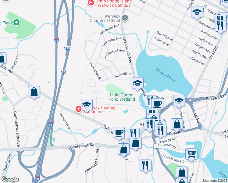 map of restaurants, bars, coffee shops, grocery stores, and more near in Warwick