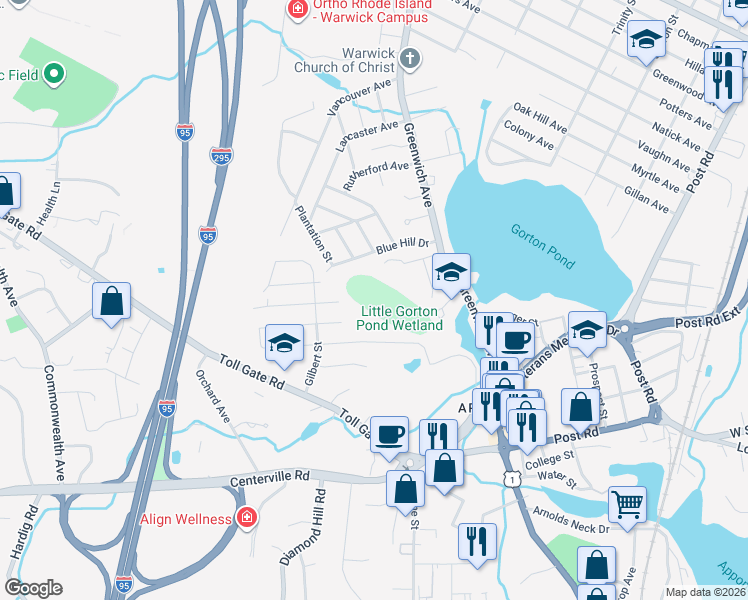 map of restaurants, bars, coffee shops, grocery stores, and more near in Warwick