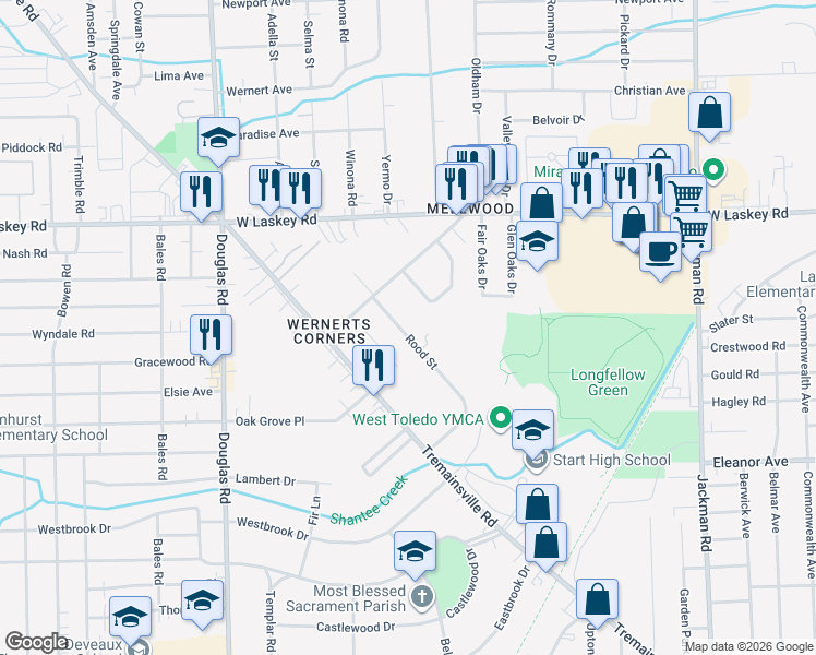 map of restaurants, bars, coffee shops, grocery stores, and more near 2204-2210 Rood Street in Toledo