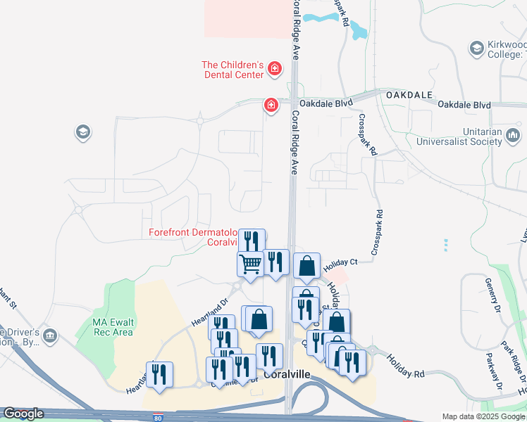 map of restaurants, bars, coffee shops, grocery stores, and more near 2868 Coral Court in Coralville