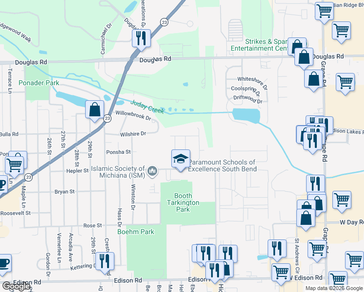 map of restaurants, bars, coffee shops, grocery stores, and more near 1944 Creekwood Drive in South Bend