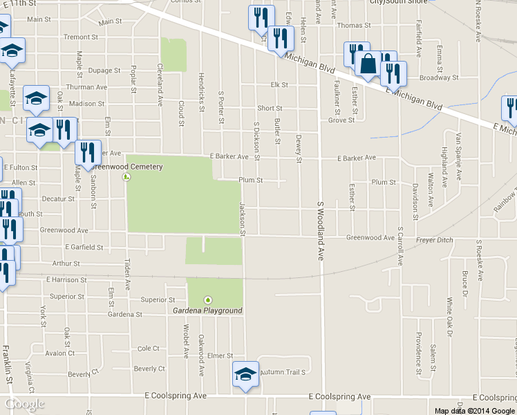 map of restaurants, bars, coffee shops, grocery stores, and more near 698 S Dickson St in Michigan City