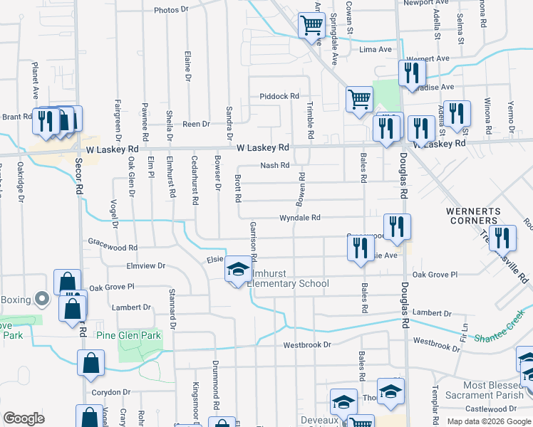 map of restaurants, bars, coffee shops, grocery stores, and more near 4740 Garrison Road in Toledo