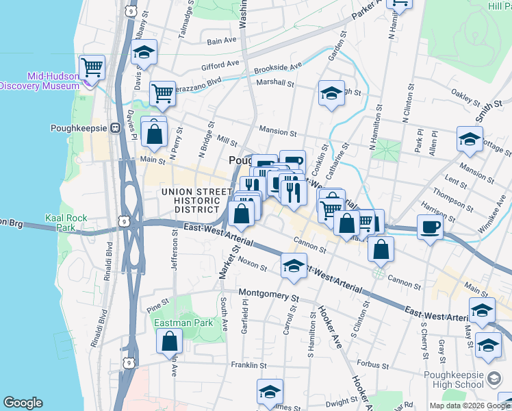 map of restaurants, bars, coffee shops, grocery stores, and more near 22 Market Street in Poughkeepsie