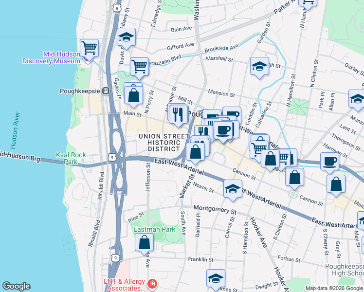 map of restaurants, bars, coffee shops, grocery stores, and more near 17 Grand Street in Poughkeepsie