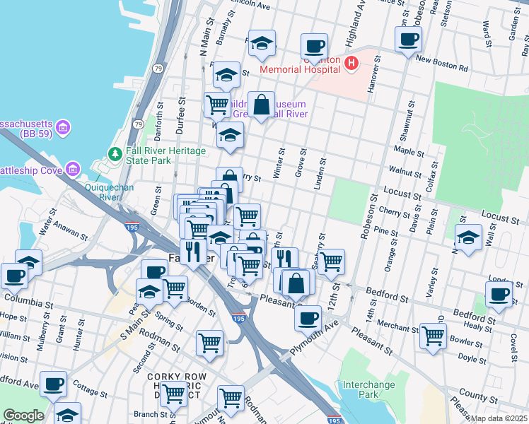 map of restaurants, bars, coffee shops, grocery stores, and more near 222 Franklin Street in Fall River