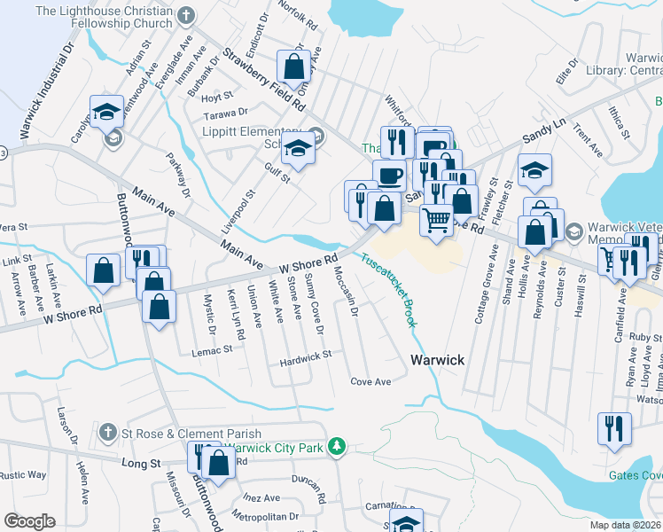 map of restaurants, bars, coffee shops, grocery stores, and more near 29 Moccasin Drive in Warwick