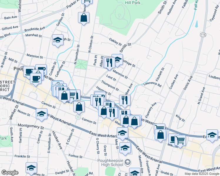 map of restaurants, bars, coffee shops, grocery stores, and more near 21 Harrison Street in Poughkeepsie