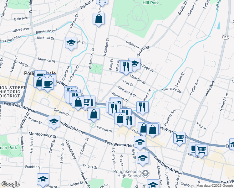map of restaurants, bars, coffee shops, grocery stores, and more near 14 Grant Street in Poughkeepsie