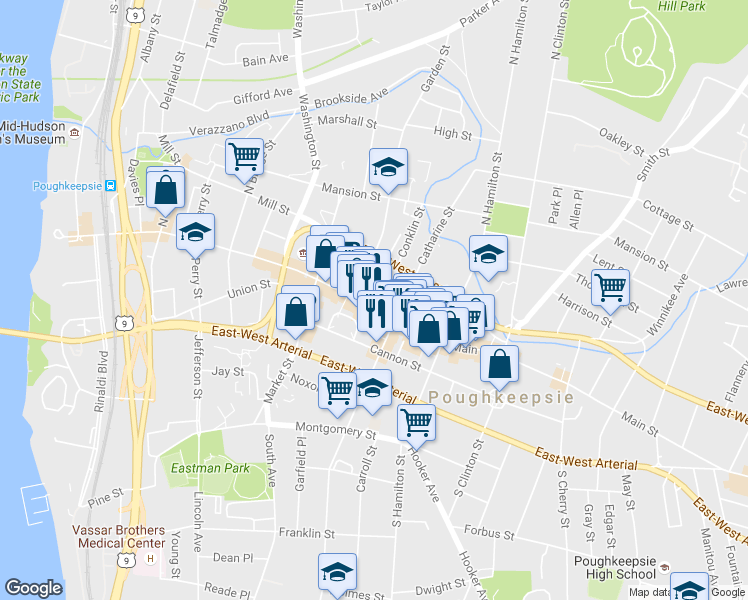 map of restaurants, bars, coffee shops, grocery stores, and more near 331 Main Mall in Poughkeepsie