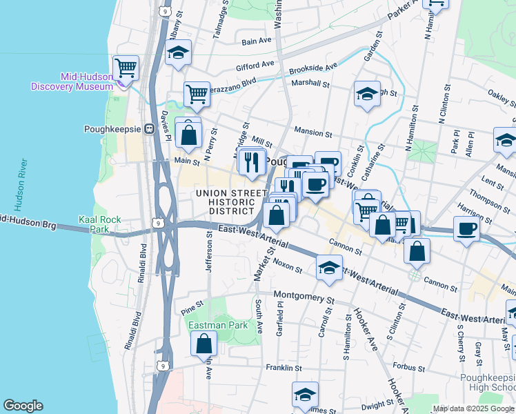 map of restaurants, bars, coffee shops, grocery stores, and more near 17 Grand Street in Poughkeepsie