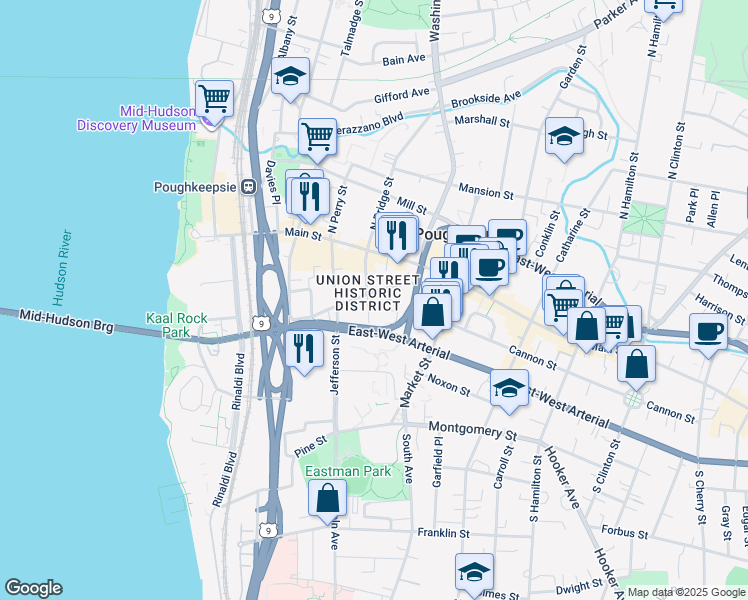 map of restaurants, bars, coffee shops, grocery stores, and more near 49 South Bridge Street in Poughkeepsie