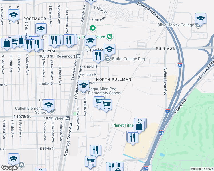 map of restaurants, bars, coffee shops, grocery stores, and more near 10524 South Maryland Avenue in Chicago