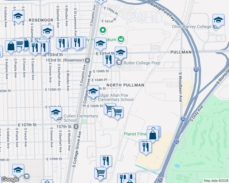 map of restaurants, bars, coffee shops, grocery stores, and more near 10524 South Maryland Avenue in Chicago