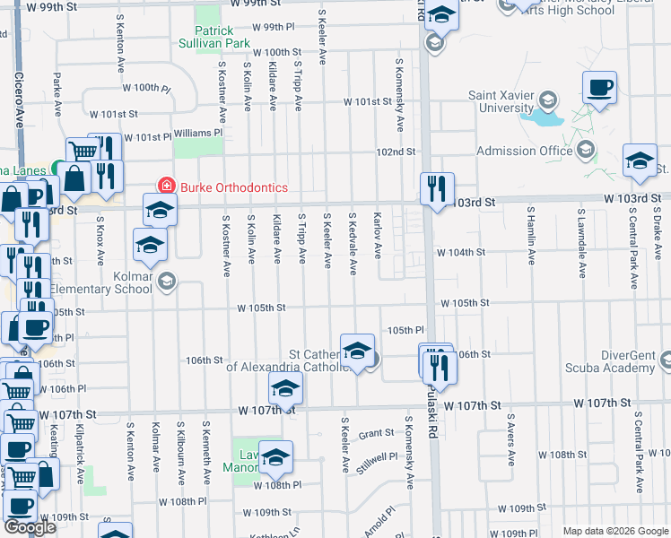 map of restaurants, bars, coffee shops, grocery stores, and more near 10424 South Keeler Avenue in Oak Lawn