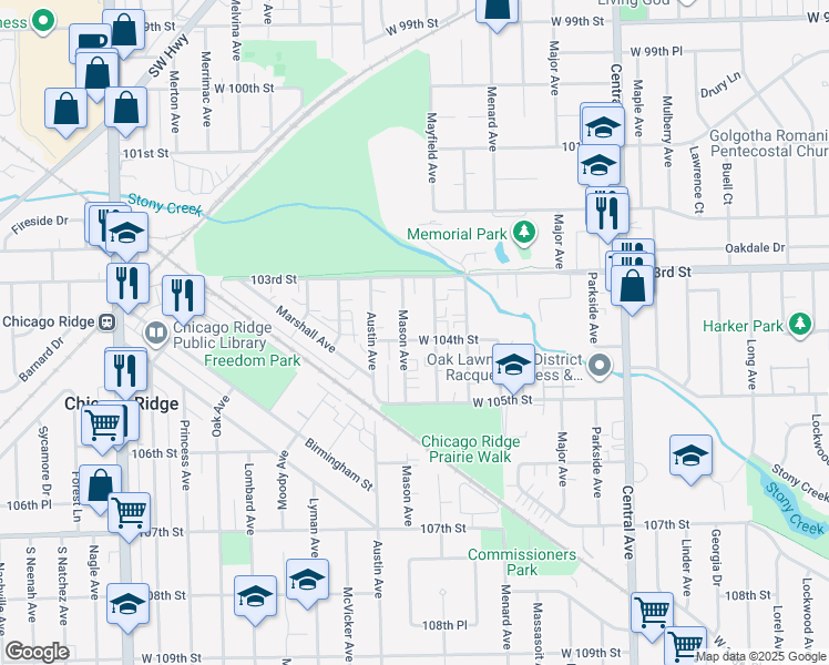 map of restaurants, bars, coffee shops, grocery stores, and more near 10401 Mason Avenue in Oak Lawn
