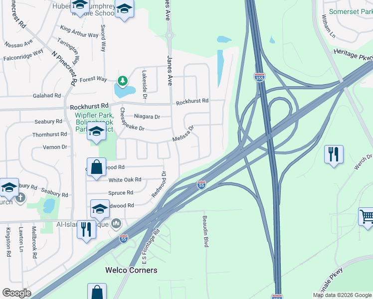 map of restaurants, bars, coffee shops, grocery stores, and more near 205 Homewood Drive in Bolingbrook