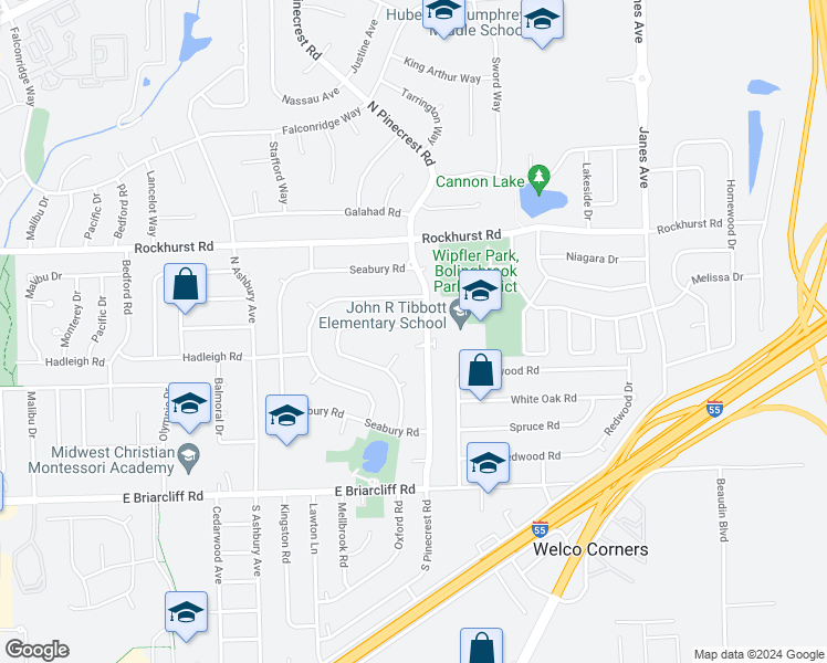 map of restaurants, bars, coffee shops, grocery stores, and more near 232 Vernon Drive in Bolingbrook