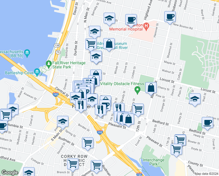 map of restaurants, bars, coffee shops, grocery stores, and more near 44 Winter Street in Fall River
