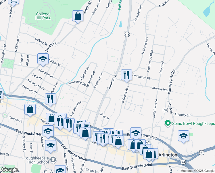 map of restaurants, bars, coffee shops, grocery stores, and more near 100 Innis Avenue in Poughkeepsie