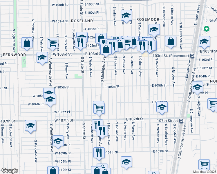 map of restaurants, bars, coffee shops, grocery stores, and more near S Edbrooke Ave & E 105th St in Chicago