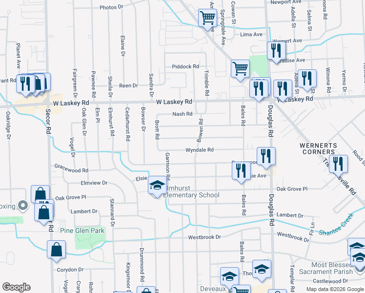 map of restaurants, bars, coffee shops, grocery stores, and more near 2821 Wyndale Road in Toledo