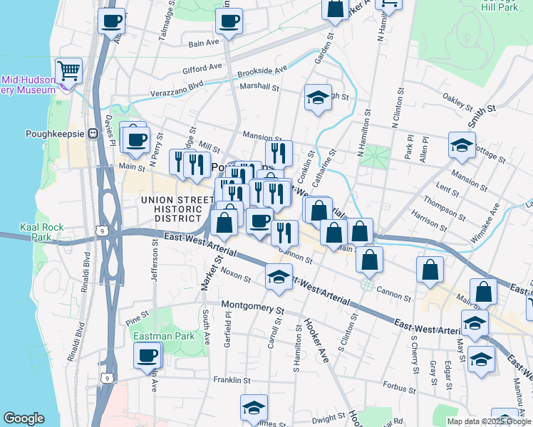 map of restaurants, bars, coffee shops, grocery stores, and more near Main Street & Garden Street in Poughkeepsie