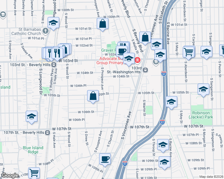 map of restaurants, bars, coffee shops, grocery stores, and more near 10500 South Church Street in Chicago