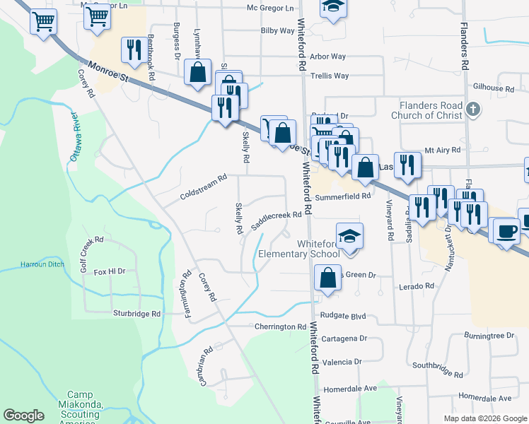 map of restaurants, bars, coffee shops, grocery stores, and more near 5224 Saddlecreek Road in Toledo