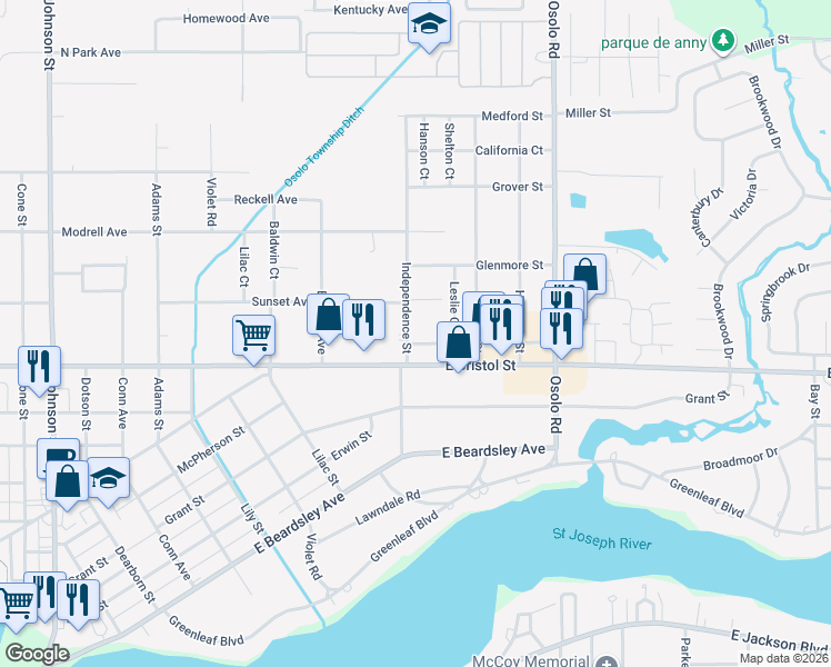 map of restaurants, bars, coffee shops, grocery stores, and more near 1710 East Bristol Street in Elkhart