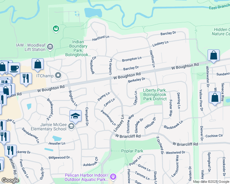 map of restaurants, bars, coffee shops, grocery stores, and more near 225 Carol Lane in Bolingbrook