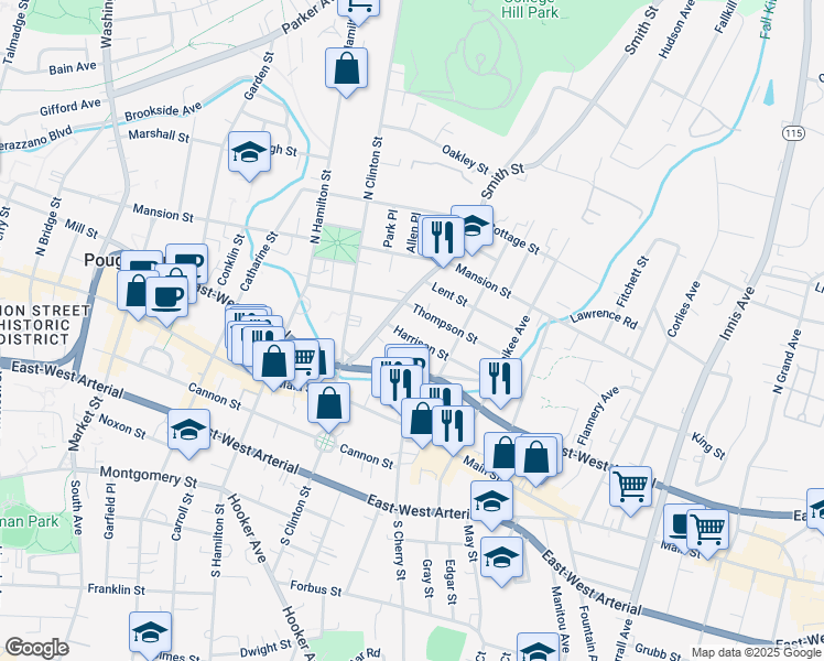 map of restaurants, bars, coffee shops, grocery stores, and more near 14 Grant Street in Poughkeepsie