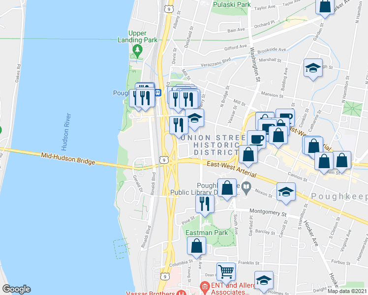map of restaurants, bars, coffee shops, grocery stores, and more near 2 Delano Street in Poughkeepsie