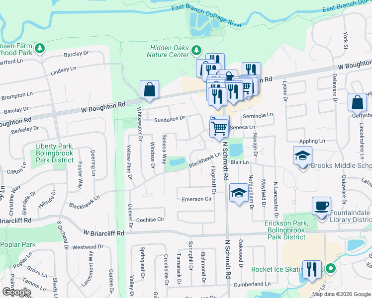 map of restaurants, bars, coffee shops, grocery stores, and more near 224 Foxhead Court in Bolingbrook