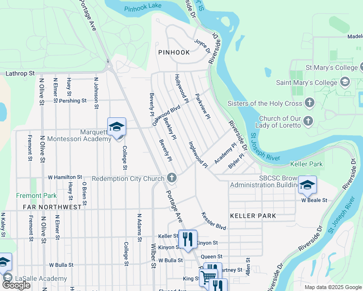 map of restaurants, bars, coffee shops, grocery stores, and more near 1938 Berkley Place in South Bend