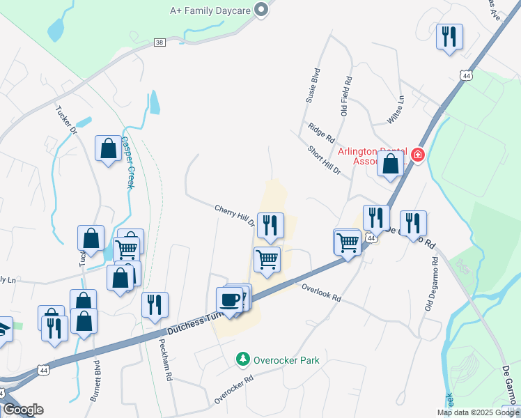 map of restaurants, bars, coffee shops, grocery stores, and more near 804 Cherry Hill Drive in Poughkeepsie