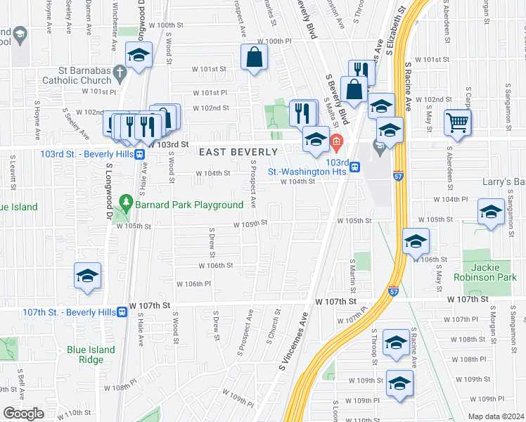 map of restaurants, bars, coffee shops, grocery stores, and more near 10441 S Prospect Ave in Chicago