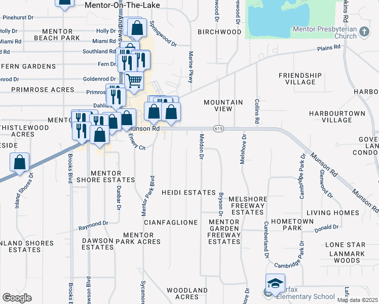 map of restaurants, bars, coffee shops, grocery stores, and more near 6181 Tina Drive in Mentor