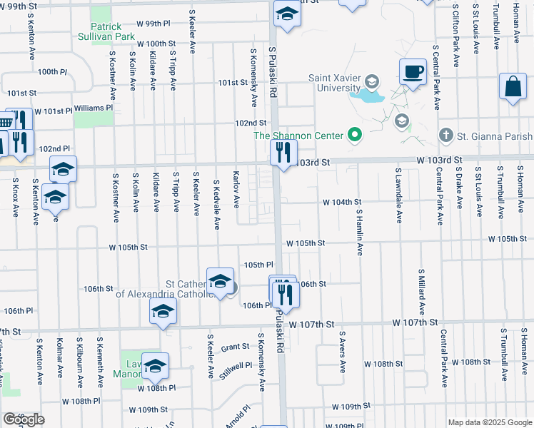 map of restaurants, bars, coffee shops, grocery stores, and more near 10425 Longwood Lane in Oak Lawn