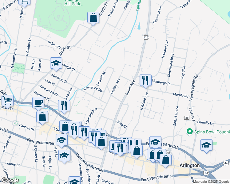 map of restaurants, bars, coffee shops, grocery stores, and more near 101 Corlies Avenue in Poughkeepsie
