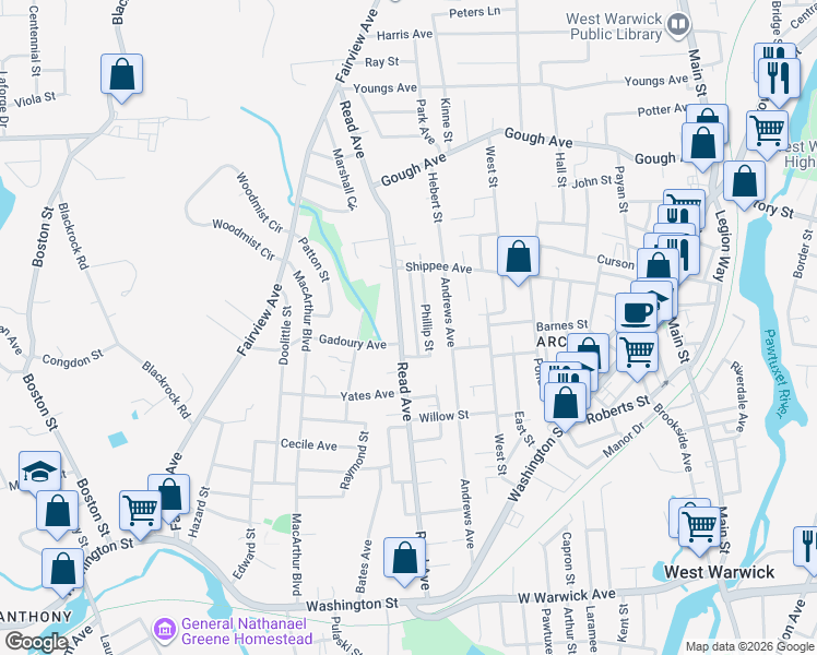 map of restaurants, bars, coffee shops, grocery stores, and more near 120 Read Avenue in Coventry