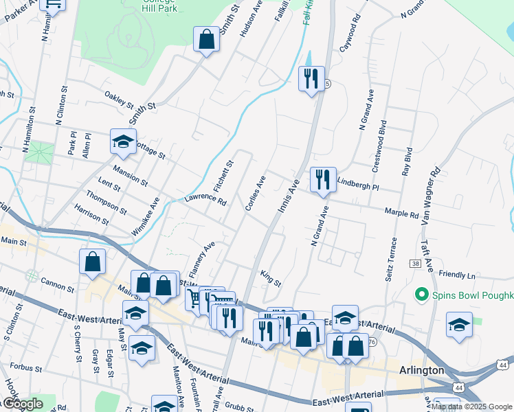 map of restaurants, bars, coffee shops, grocery stores, and more near 101 Corlies Avenue in Poughkeepsie